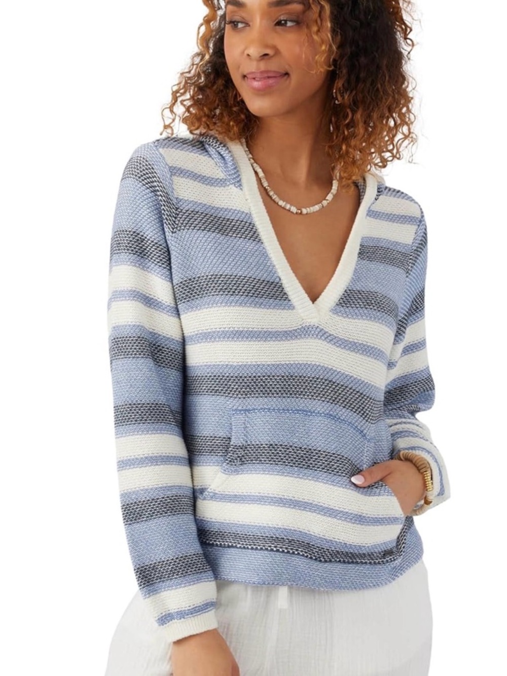 O'Neill Striped V-Neck Beach Hoodie Sweater in Light Blue, White, and Gray